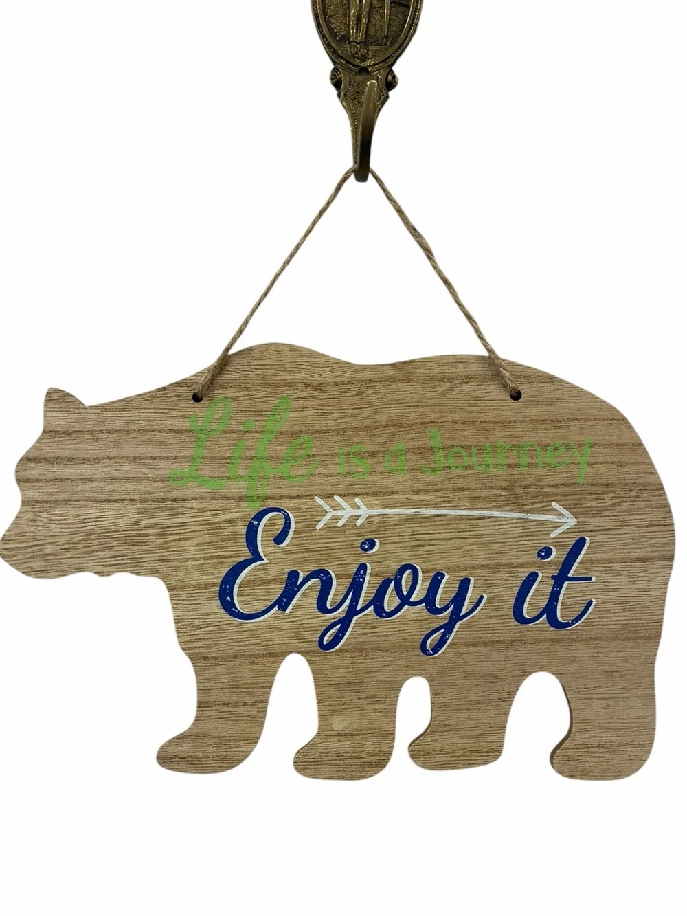 Hanging Wooden Bear Wall Decor “Life is a Journey, Enjoy It” w Jute Rope